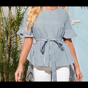 SHEIN Flounce Sleeve High Low Hem Striped Belted Top